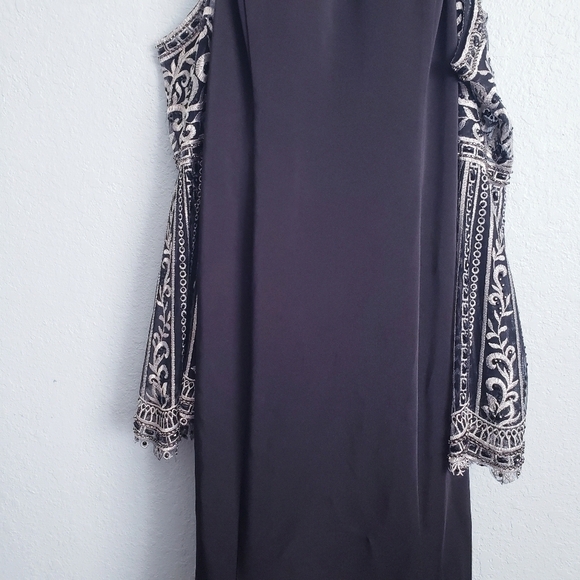 Ellie Wilde Mon Cheri Black Embroidered Bellsleeve Cold Shoulder Gown Prom Dress - Picture 4 of 13